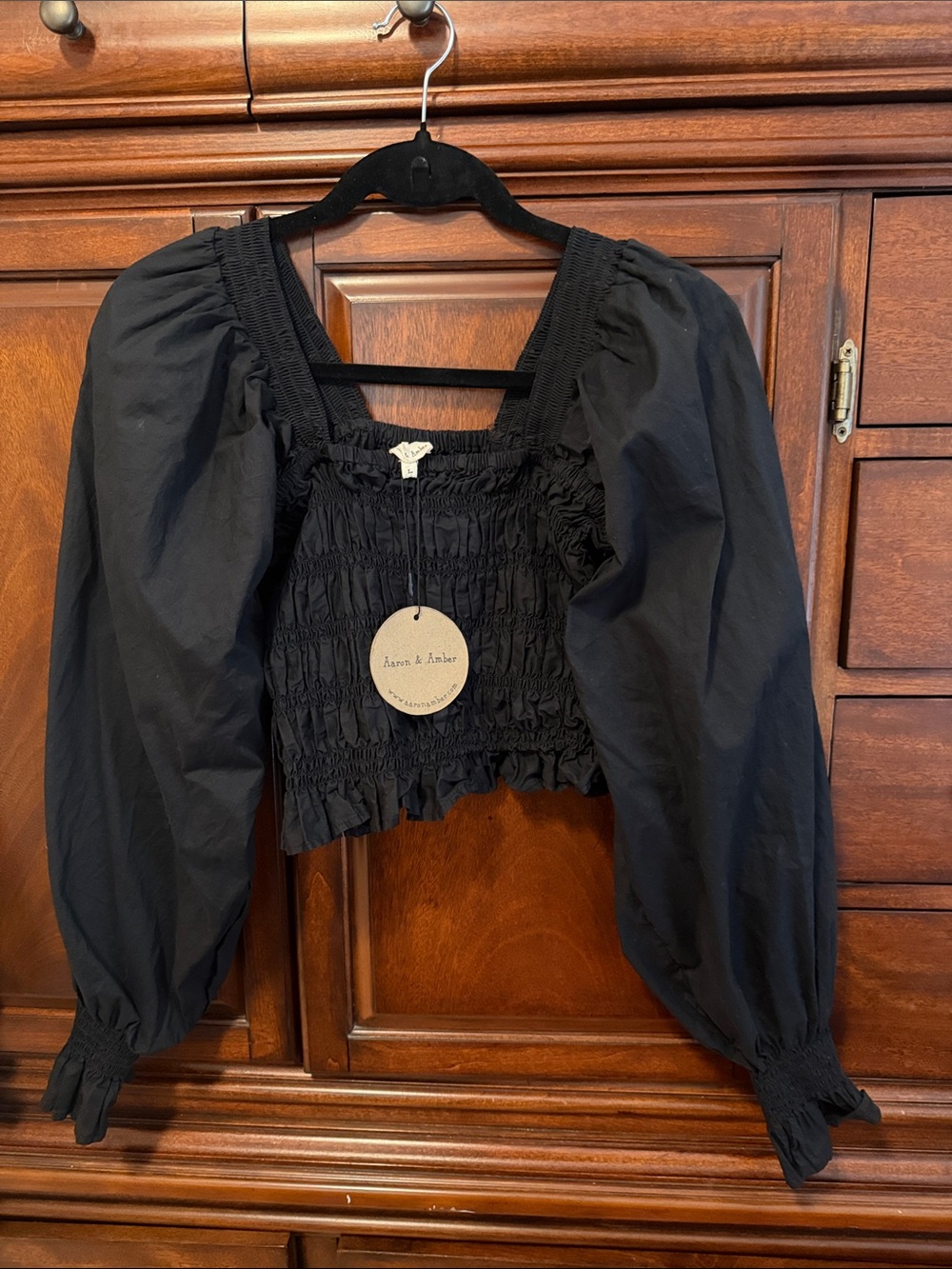 100% cotton black long sleeve smocked top NWT size large